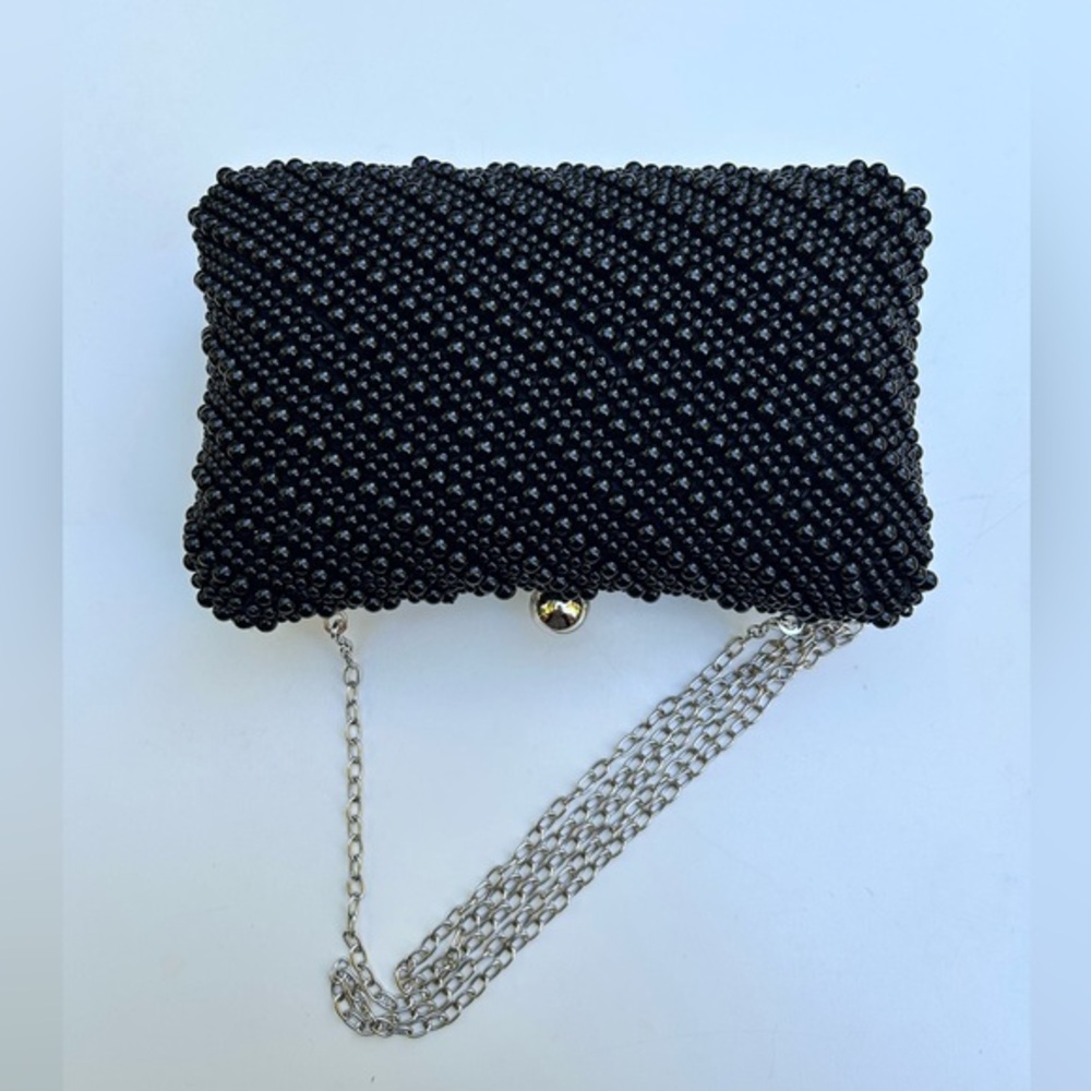 Elegant Black Beaded Clutch, Silver Chain & Hardware, Evening Bag